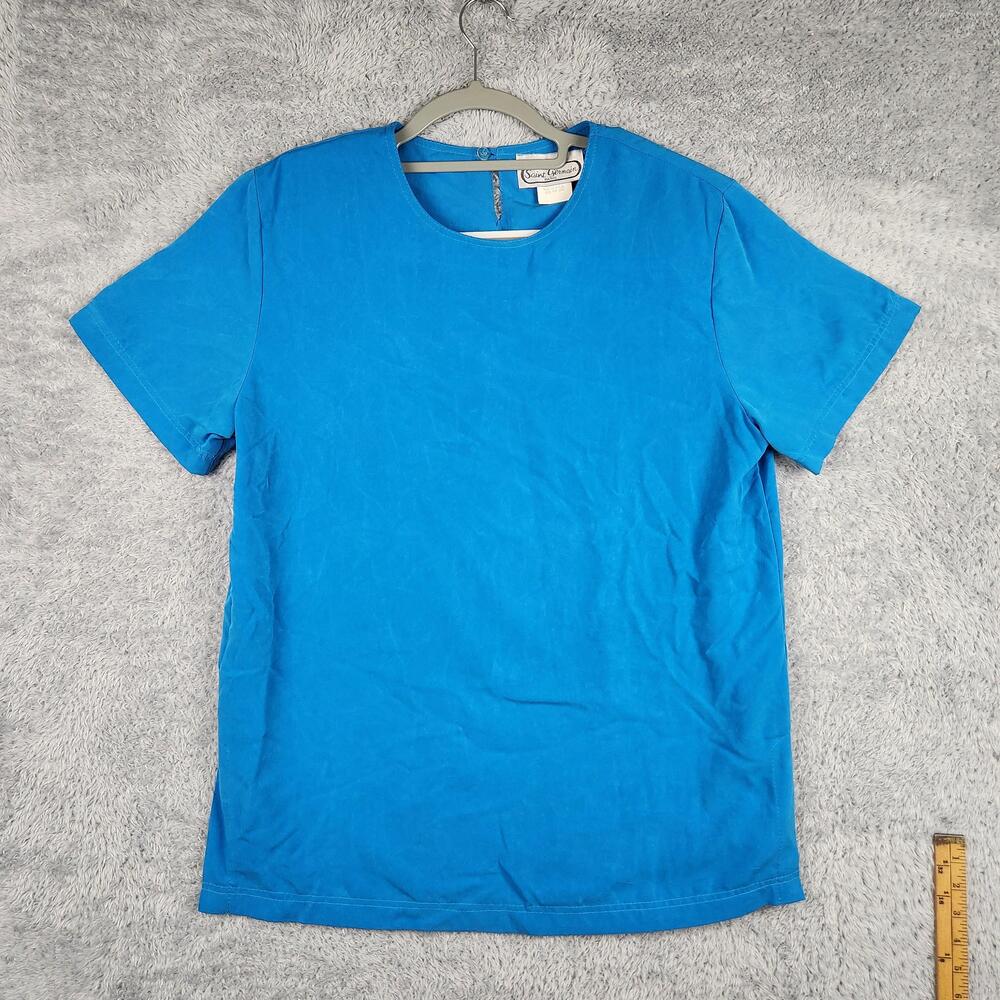 Vintage Saint Germain Blouse Womens Medium Blue Woven Top USA Preppy 80s 90s